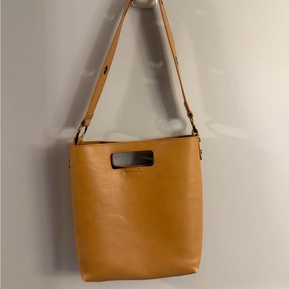 Tan Faux Leather Shoulder Tote Bag Cutout Handle Minimalist